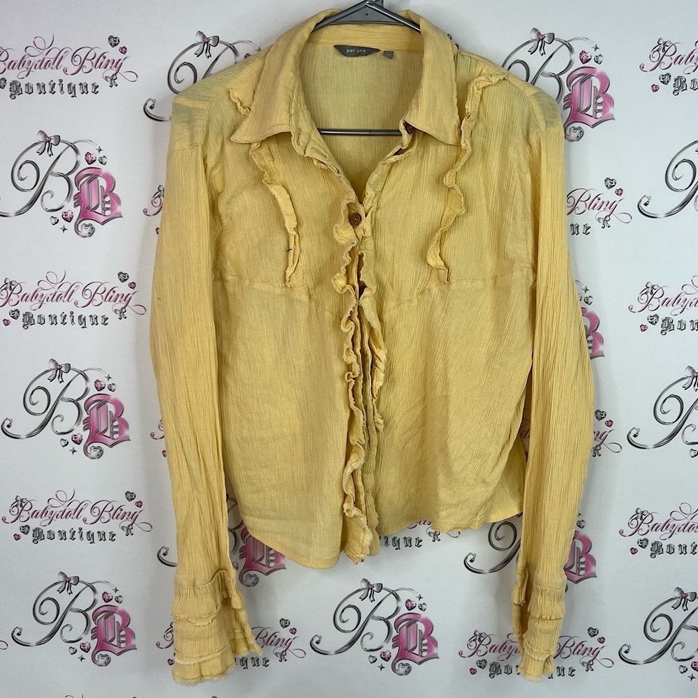 Per Una button up ruffles long sleeve flare sleeve Mustard Ruffled Blouse